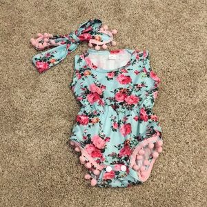 Baby girl floral Pom Pom romper with headband